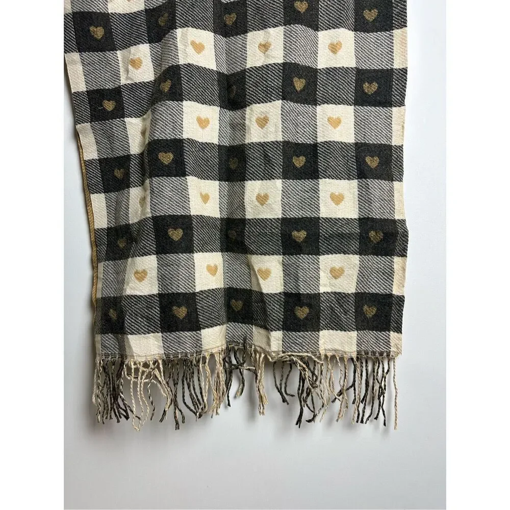 Heart detailed plaid checkerboard scarf